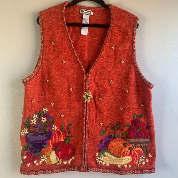 Vintage Sweaters - Vintage Harvest Pumpkins Zip Up Sweater Vest XL